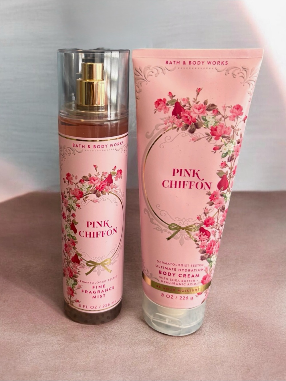 Bath & Body Works Pink Chiffon Fragrance Mist & Body Cream Pear Vanilla Chiffon
